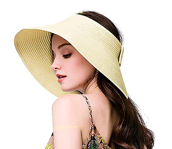 Breathable straw sun visor hat with unique open-top design and exquisite bo...